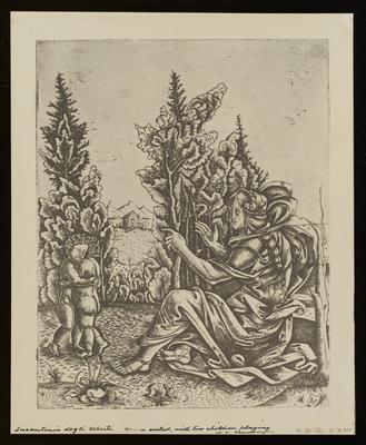 Woman Seated, with Two Children Playing in a Landscape, from a group of photographs of rare prints in the British Museum