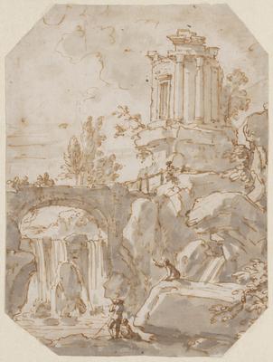 View of the Temple of Vesta at Tivoli with Waterfalls