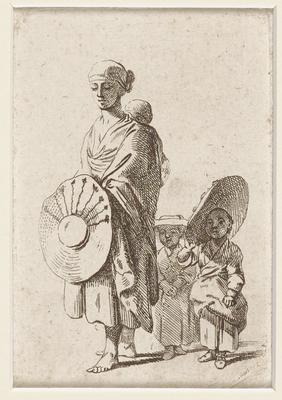 Woman with a child on her back and two more walking with her