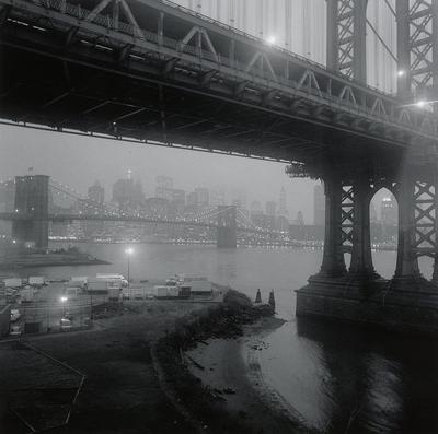 [two bridges and city skyline at night]