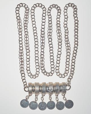 Necklace with cylinder ornament and coin pendants