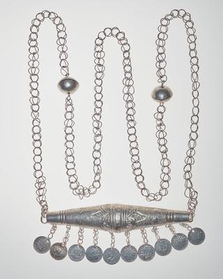 Necklace with cylinderical ornament and coin pendants