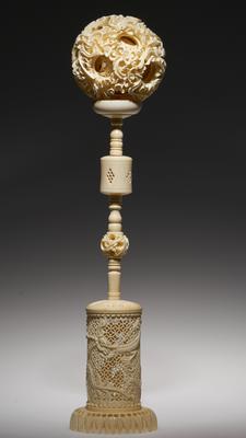 Carved, Nested Ball with Stand, one of a pair