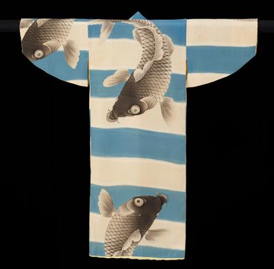 Child’s kimono decorated with carp over wide blue and white horizontal stripes