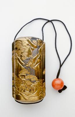 Kajikawa-style five-case inro with decor of waterfall in the mountains