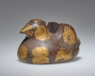 Duck-shaped scroll holder, one of a pair