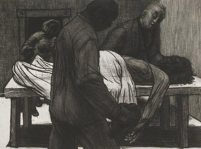 woman's body lying on a white table with a sheet over her stomach and legs; woman and boy in doorway at left; two men--one on either side of table, looking at woman