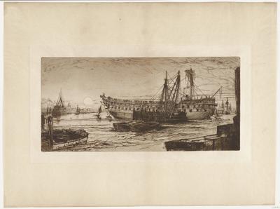 black ink on tan paper; large ship in center with many open flaps along sides; four small ships in front of large ship; dark wall along LRC; in LLC small boat inscribed on side: A. BARRY FEC. 1880; in background, many other ships; some buildings visible at left side; water has dark pointed crests; many squiggly lines in sky indicate clouds; moon above city to left of large ship