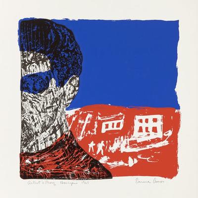 partial view of head and shoulders of figure on left, rendered in scratchy black pigments, with blocks of blue pigment on top of head and in eye area, and red pigment on neck and shoulder area; background divided in half, with solid blue on top and red section on bottom with buildings and figures etched into surface