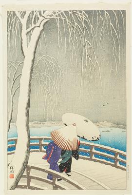 Snow Time at the Willow Bridge on Sumida River