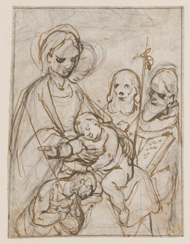 Madonna and Child with the Young Saint John the Baptist, Saint Anthony Abbot, and Another Saint (recto); Architectural Studies (verso)