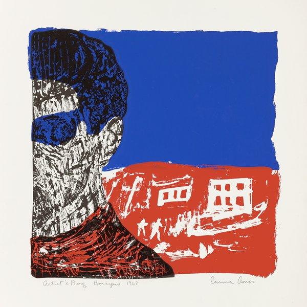 partial view of head and shoulders of figure on left, rendered in scratchy black pigments, with blocks of blue pigment on top of head and in eye area, and red pigment on neck and shoulder area; background divided in half, with solid blue on top and red section on bottom with buildings and figures etched into surface
