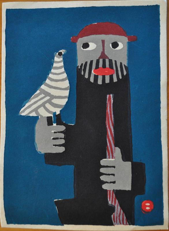 Title unknown [Man in red hat with bird] by Umetaro Azechi