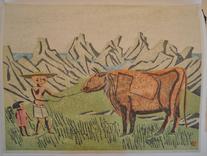 Title unknown [Cow and figures] by Maekawa Senpan